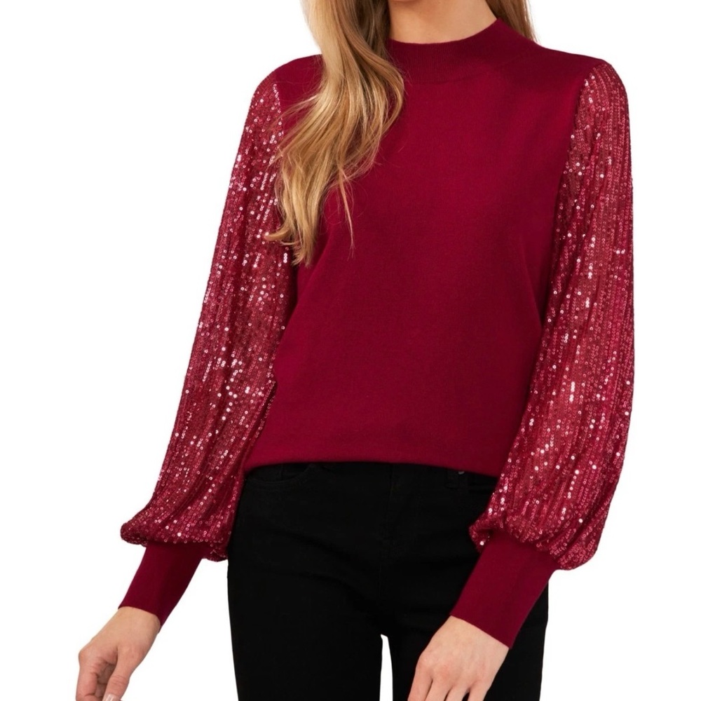 CeCe Burgundy Sequin Sleeve Blouse